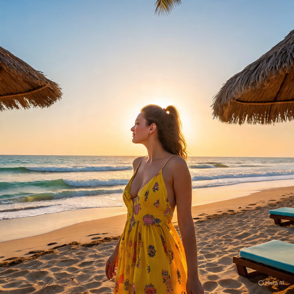 Woman in yellow print dress on a Goa holiday