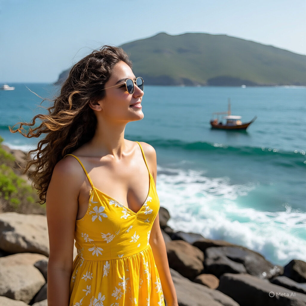 woman by rocky beach 