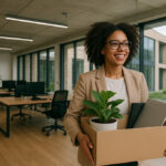 woman carrying box with plant in it