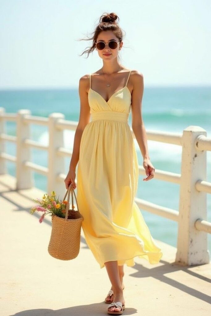 Girl in sun glasses weari ng yellow sun dress summer fashion essentials