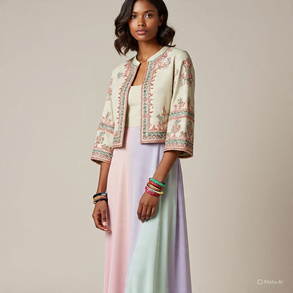 A model in an embroidered jacket layered over a maxi dress with stacked bracelets.