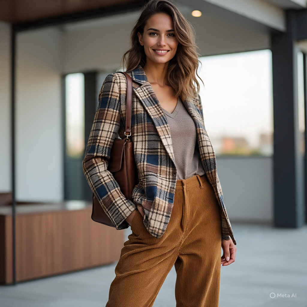 Corduroy pants with a plaid blazer and leather satchel.