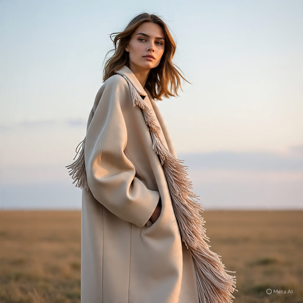A neutral oversized coat with fringed detailing blowing in the wind.