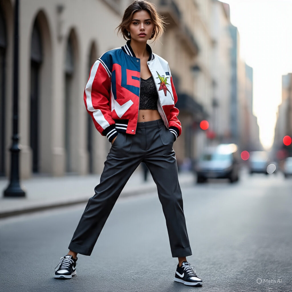A street-style photo with sneakers, tailored trousers, and a cropped track jacket.