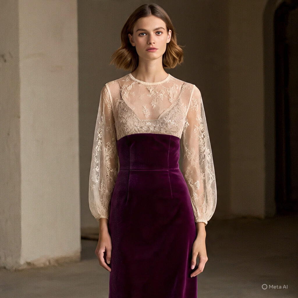 Sheer lace blouse layered under a velvet dress with chunky boots.