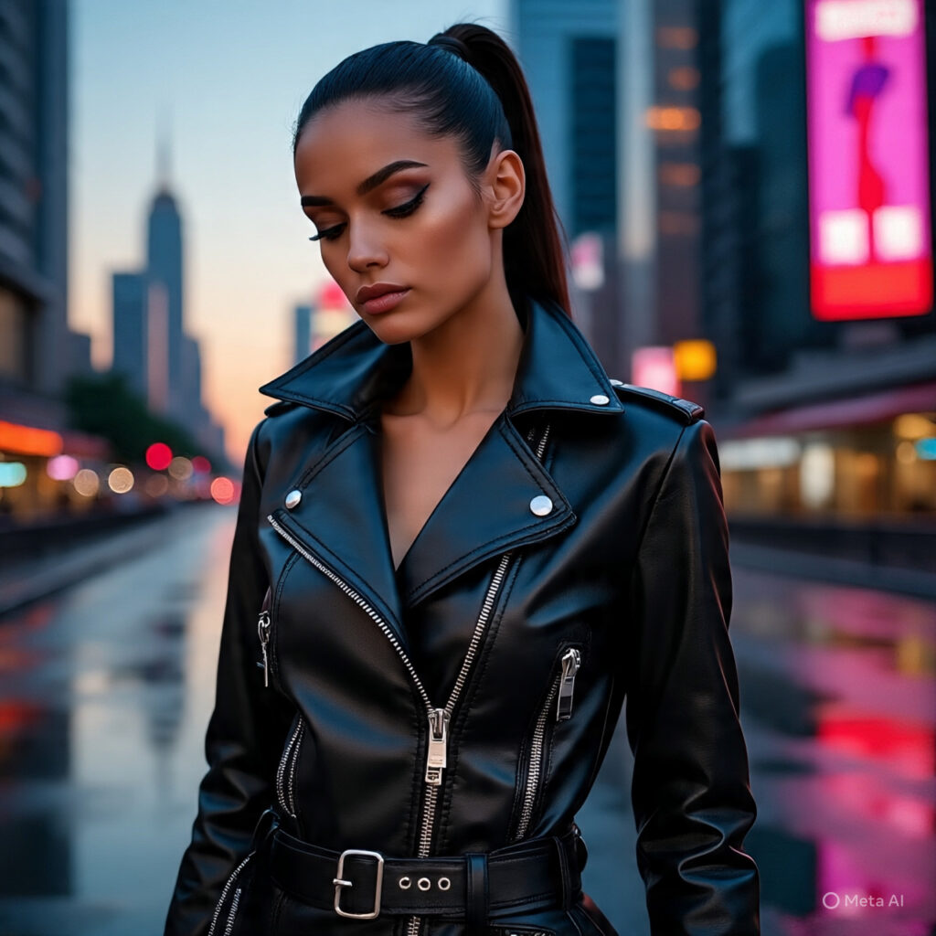 black leather jacket with exaggerated silver zippers and buckles.
