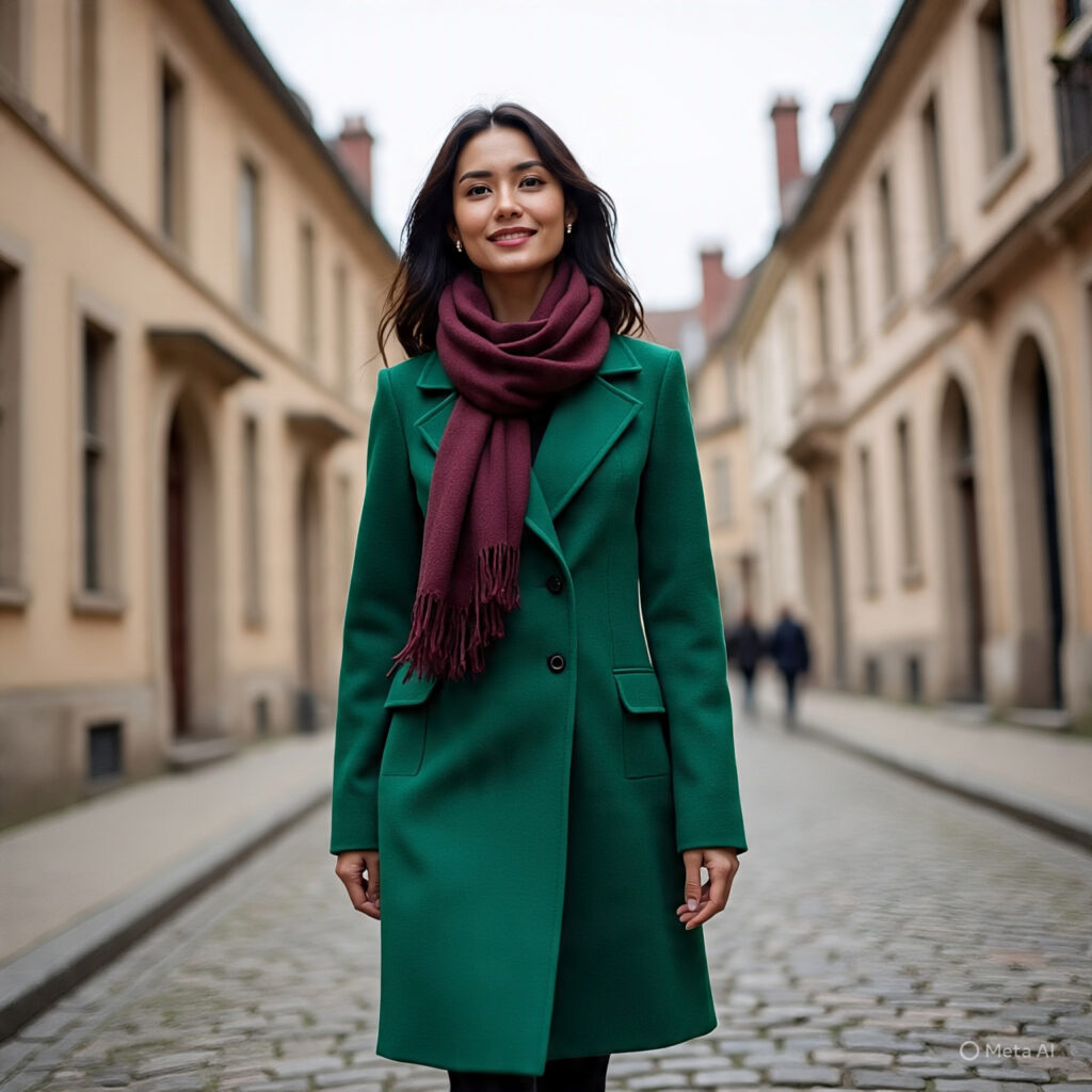 An emerald green wool coat paired with a burgundy scarf.