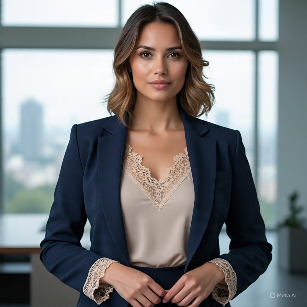 Lace-trimmed blouse under a structured blazer.