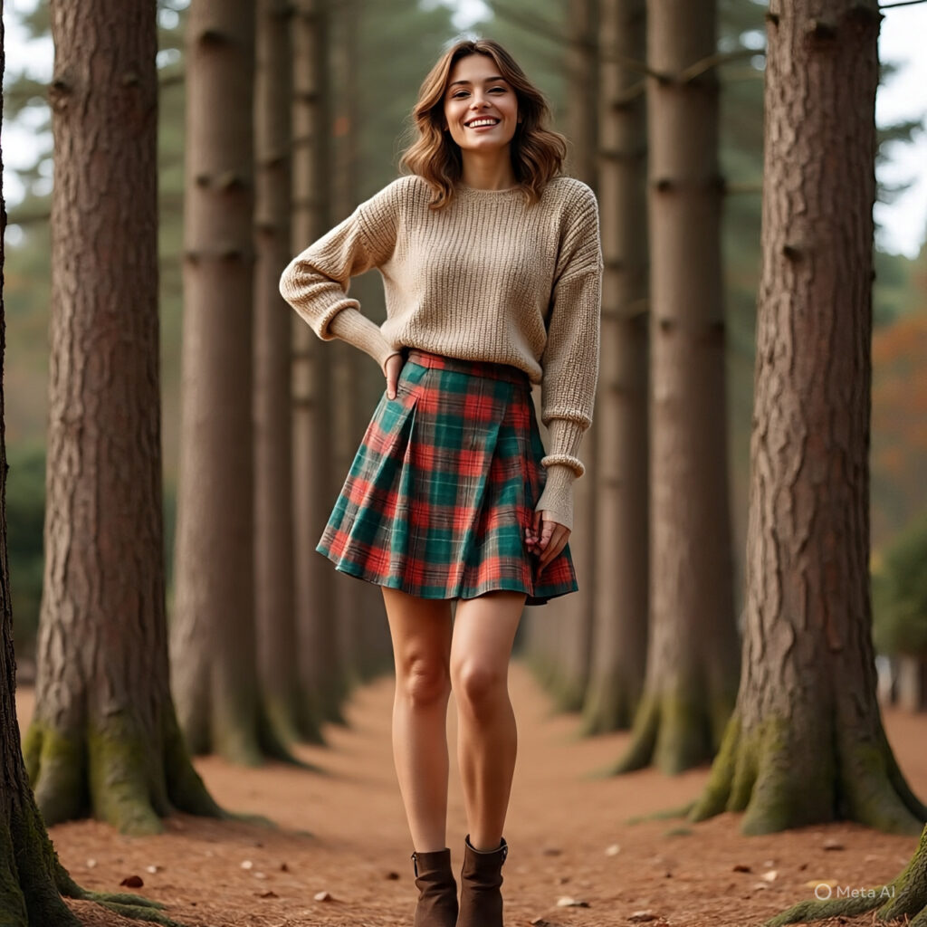 A plaid skater skirt styled with a chunky knit and ankle boots.