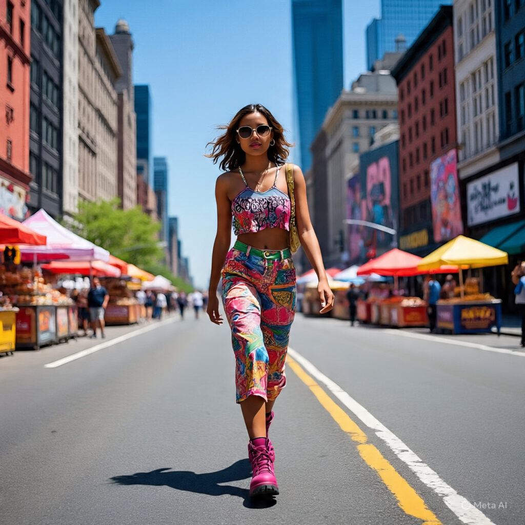 woman wearing brightly colored outfit including Capri pants and crop top walking in the streets of New York 