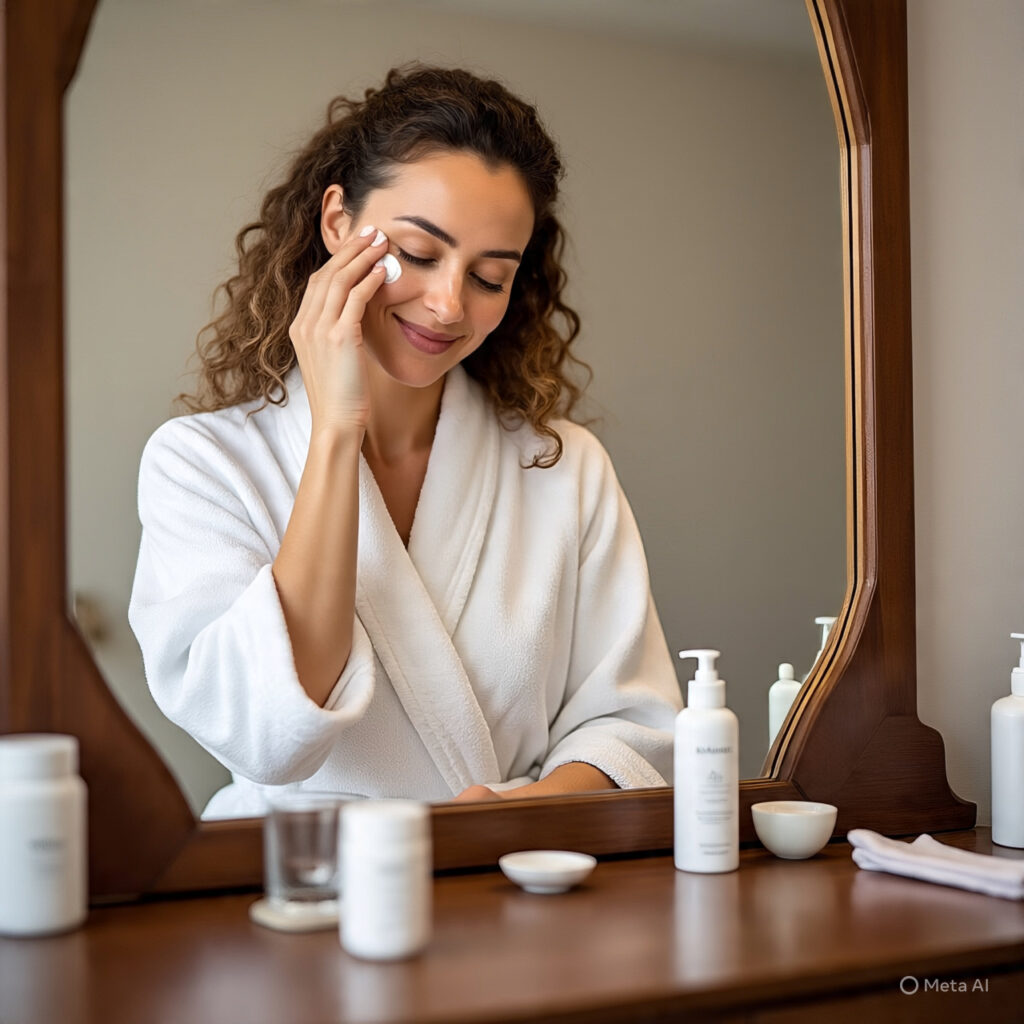 woman in bathrobe apply autumn skincare
