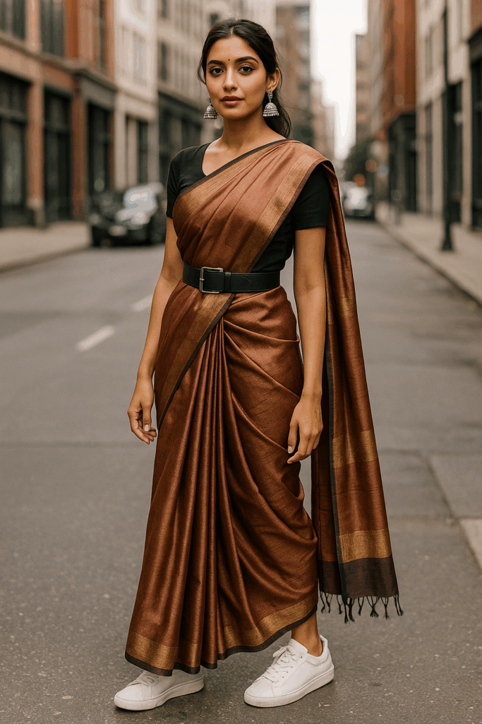 woman in a saree with sneakers to display mixing traditional and modern styles