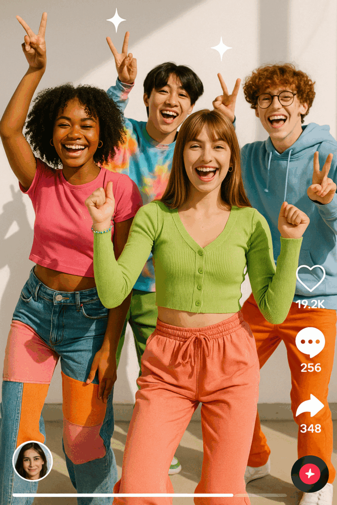 4 Teens in bright outfits to help demonstrate how social media is shaping trends