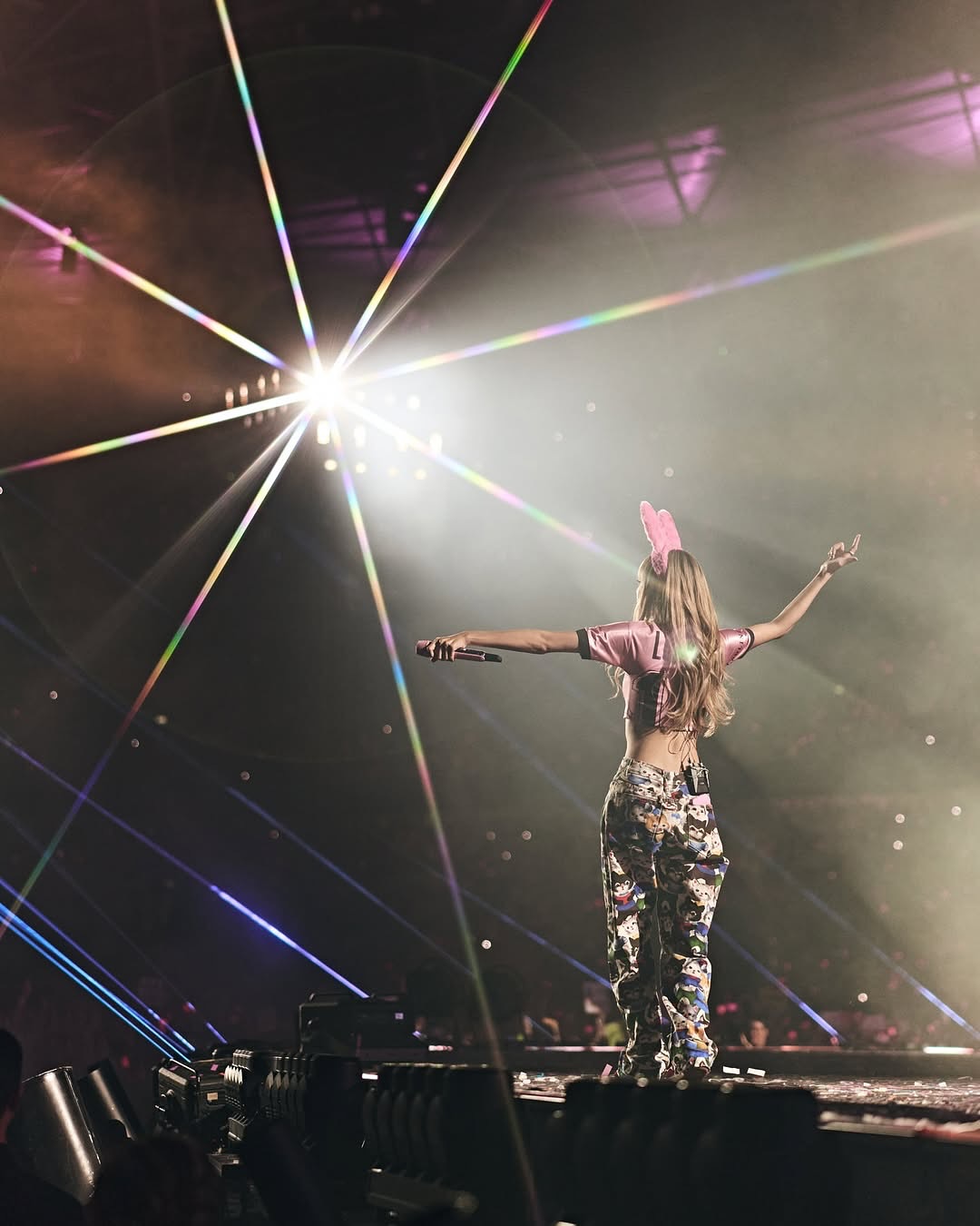 Lisa wore Outsiders Division Cats Print Trousers paired with pink Blackpink Deadline Word Tour t-shirt