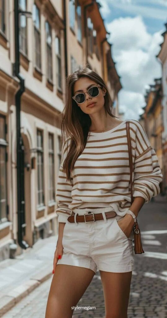 Model in sweater with white shorts and sun glasses