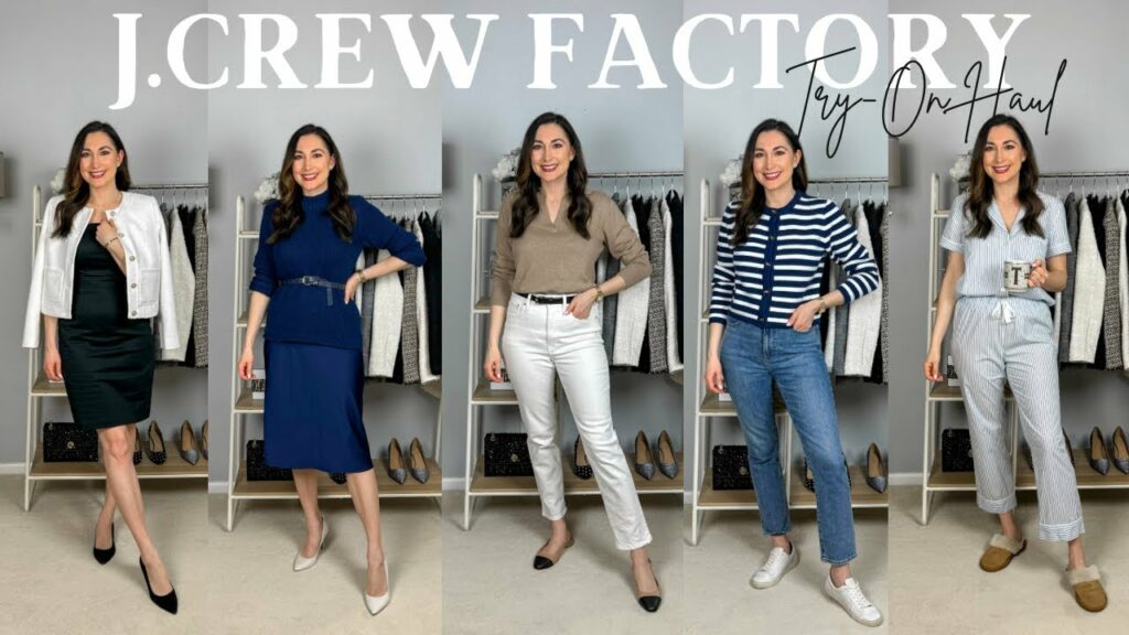 model wearing 5 different j. Crew Outfits to promote J.Crew Factory coupons