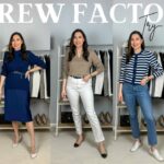 model wearing 5 different j. Crew Outfits to promote J.Crew Factory coupons