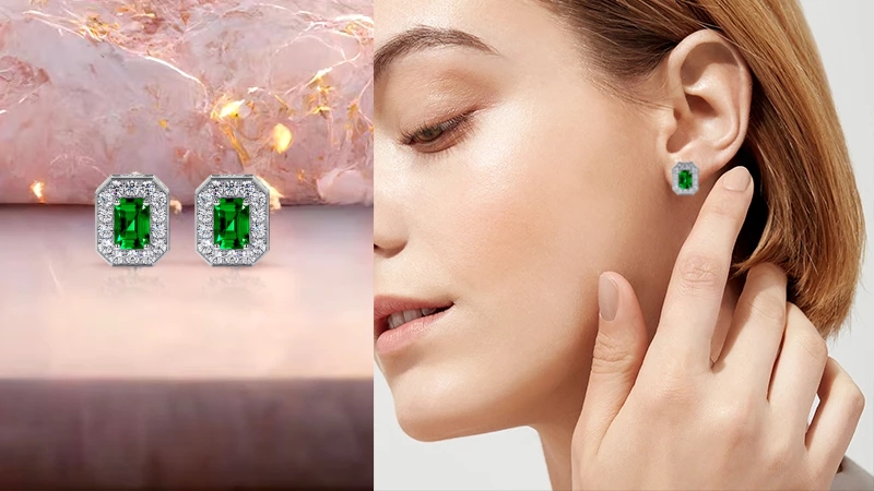 woman wearing Emerald Gemstone earrings and stud earrings