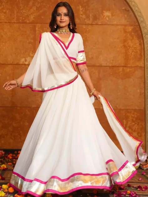 white with pink trim Navratri Dress