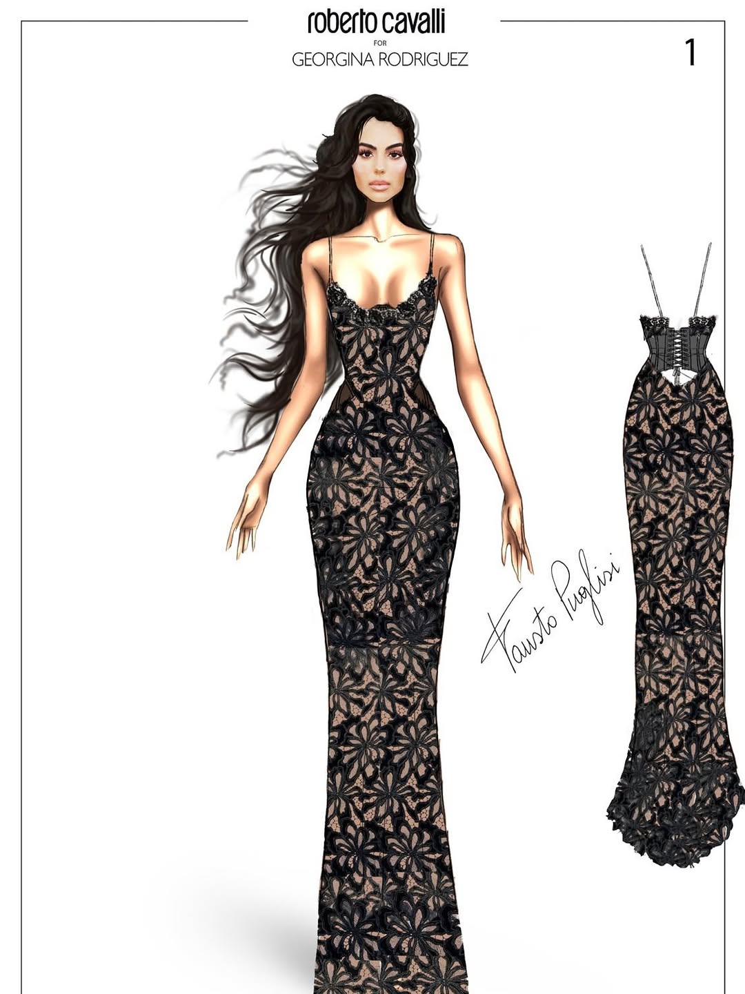 A sketch of Georgina Rodríguez wearing a custom Roberto Cavalli slip dress in black velvet macramé lace over Jude’s Georgette lining, featuring a sculpted bustier and lace trim designed by creative director Fausto Puglisi