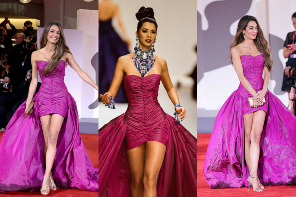 fuchsia changeant taffeta evening cape gown from Jean-Louis Scherrer’s Fall/Winter 1995/1996 catwalk show