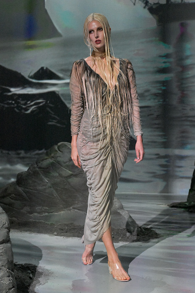 American model and singer Ruby Aldridge models a sheer embellished dress on the runway at the Elena Velez Fall 2025 ready-to-wear runway collection fashion show.