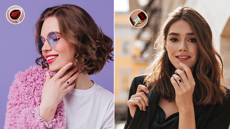 two models wearing different versions of the natural ruby ring