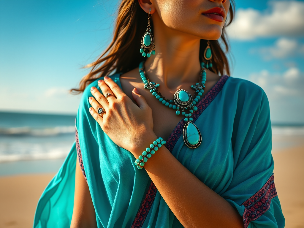 woman wearing Turquoise stones jewelry