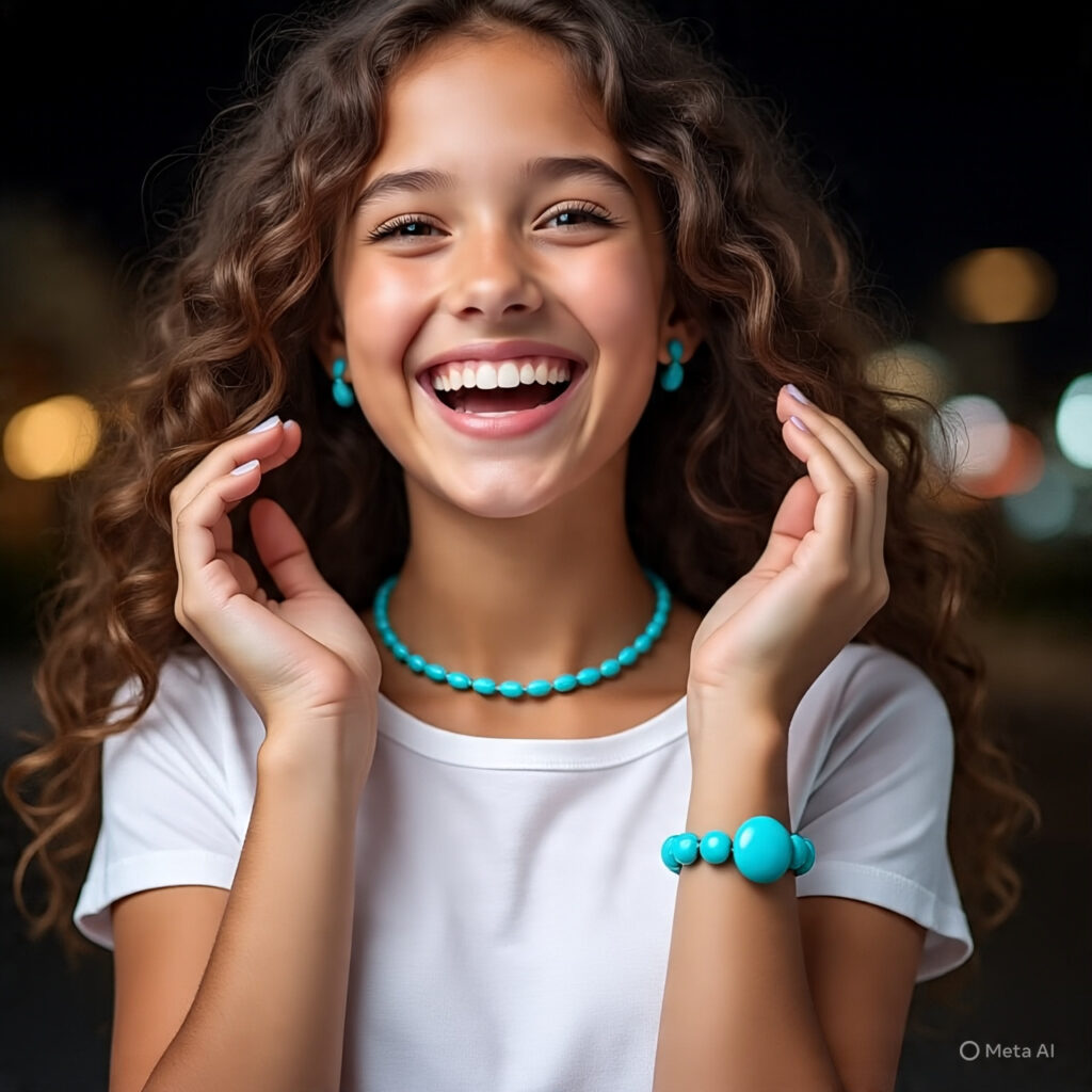 Girl wearing Turquoise stones earrings, necklae and braclet