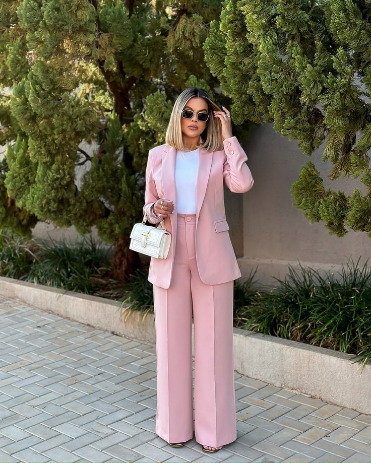White blouse, pink blazer and slacks