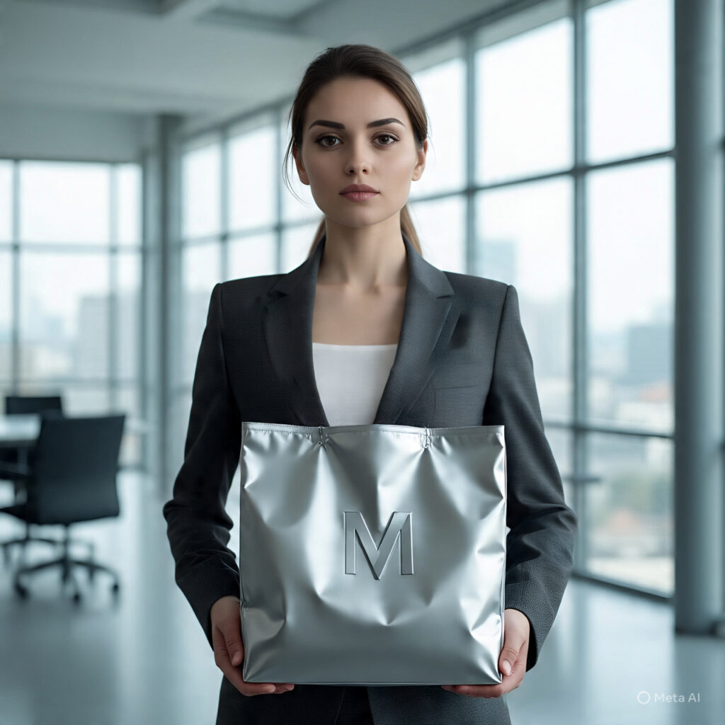 Professional woman holding custom printed Mylar bags