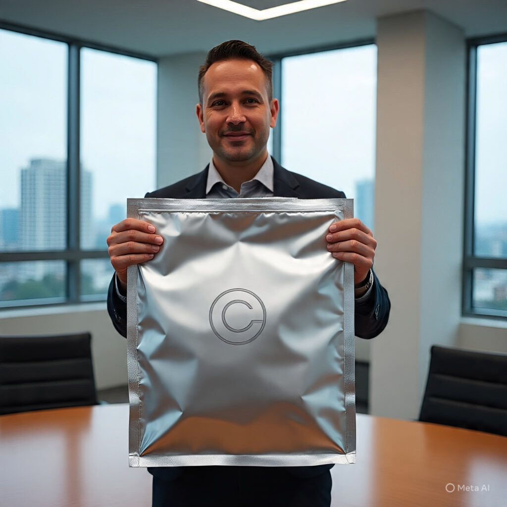 Businessman holding custom printed Mylar bags