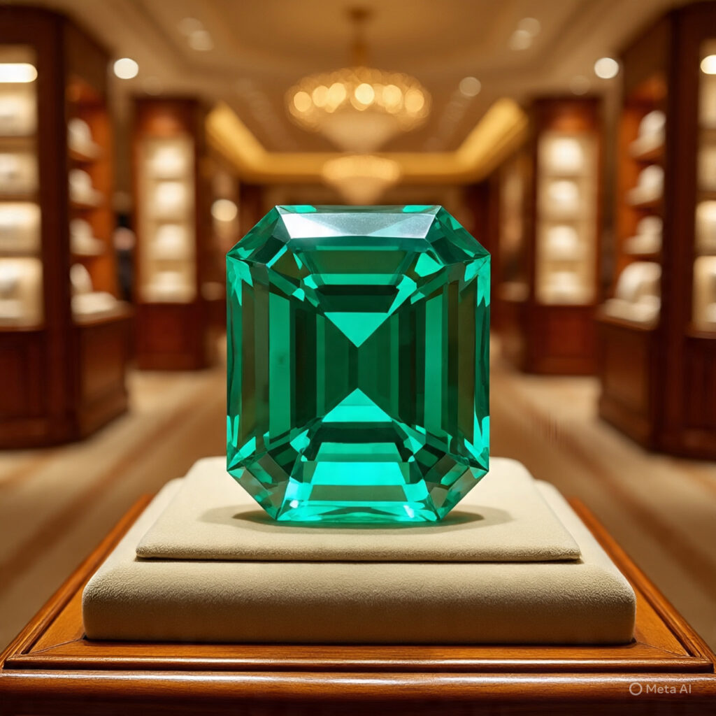 certified emerald stone on biege cushion