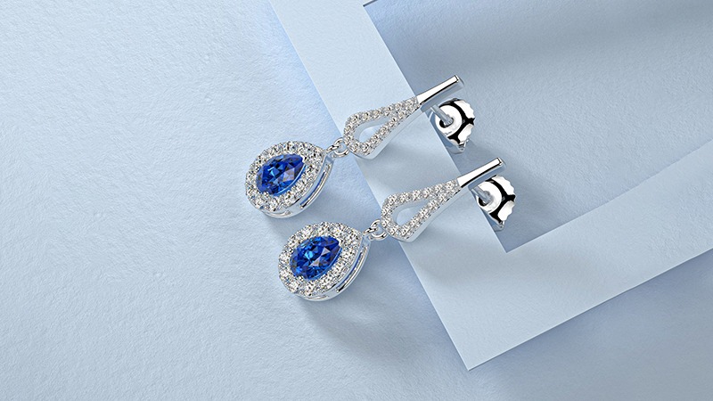 white gold blue sapphire dangling earrings