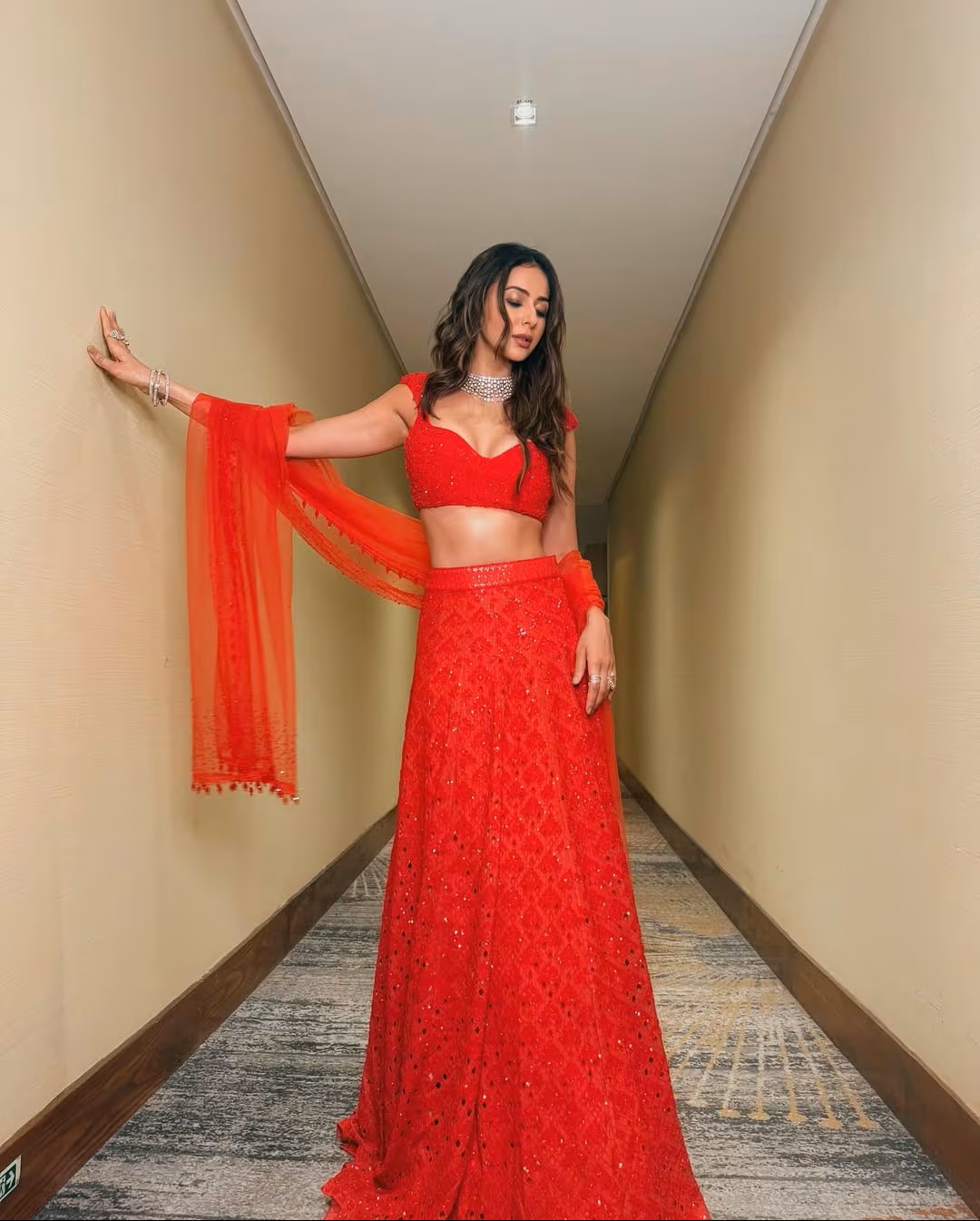 Rakul Preet Singh – Shimmery Red Chikankari Lehenga