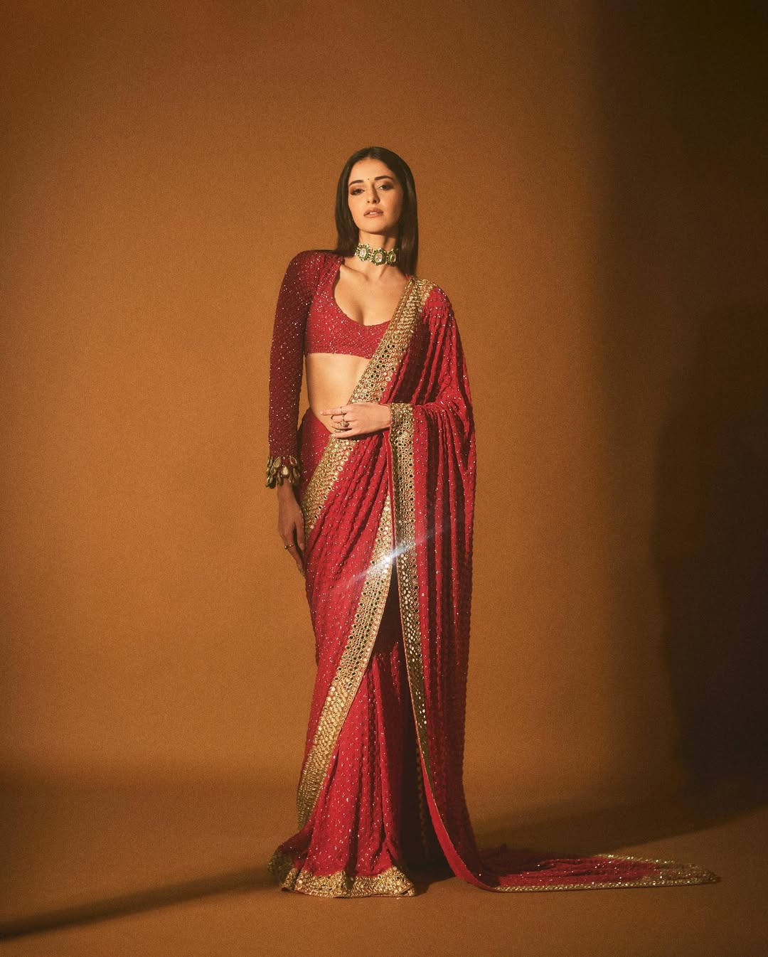 Ananya Panday – Red & Golden Saree with Mirrorwork