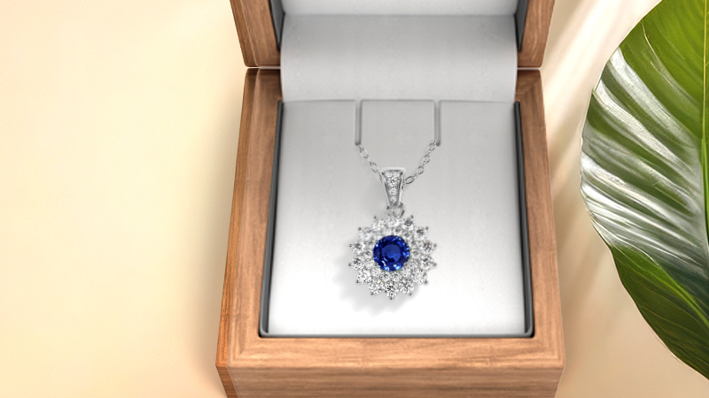 blue sapphire pendant in a box