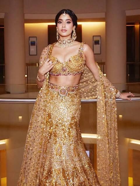 Traditional Lehenga Style in Glittering Gold Janhvi Kapoor Traditional Lehenga Style