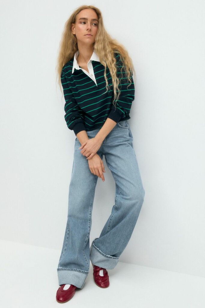 Blond girl wearing Balloon trousers & Rugby shirts