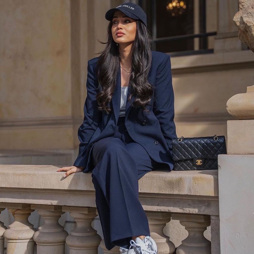 woman wearing blue blazer and baggy slacks loungewear