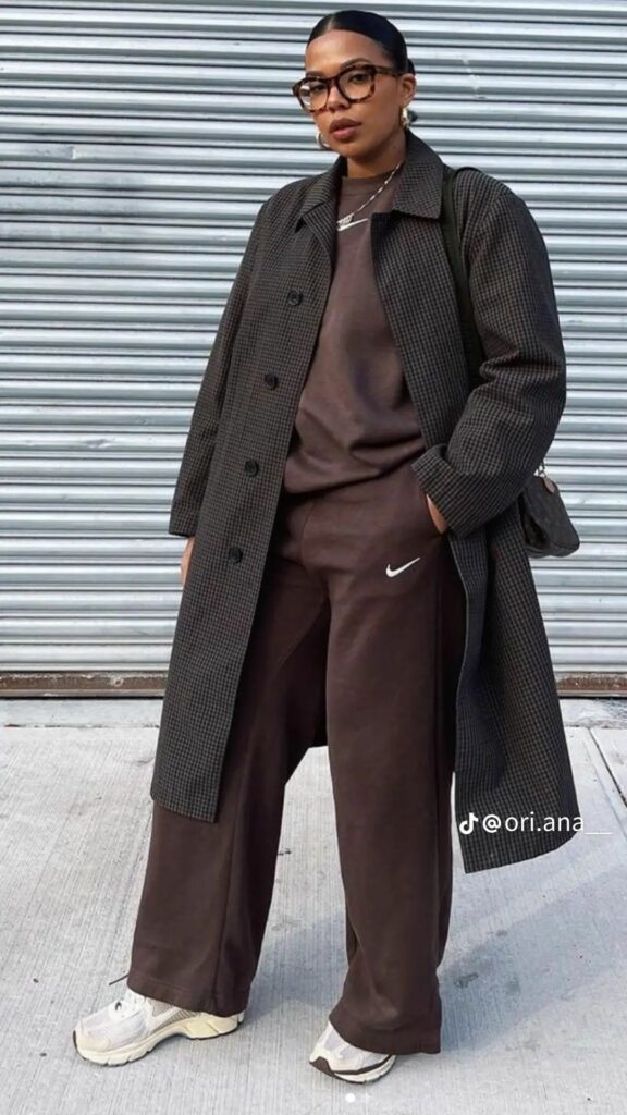 Long checked coat and brown sweats
