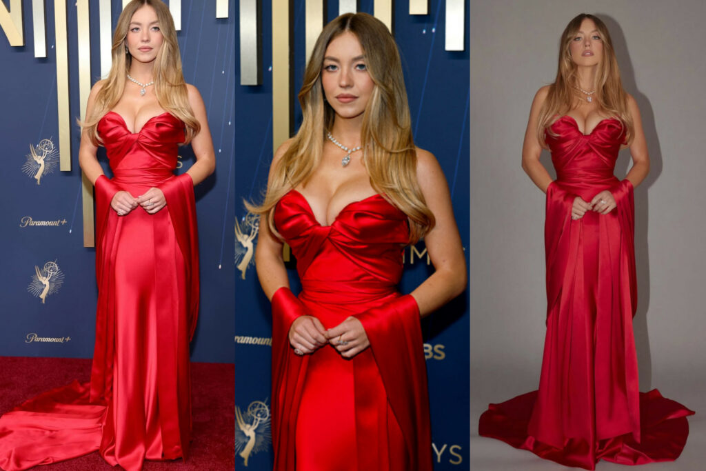 Sydney Sweeney Wows in a Custom Oscar de la Renta Scarlet Satin Gown at the 2025 Emmy Awards