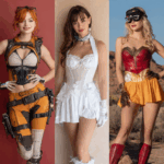 3 attractive women wearing gaming costumes and movie costumes