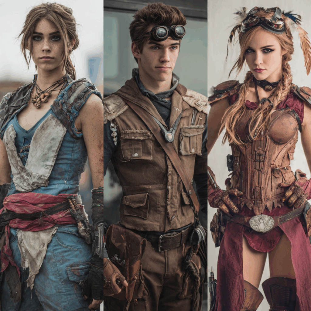 3 adults wearing gaming costumes and movie costumes