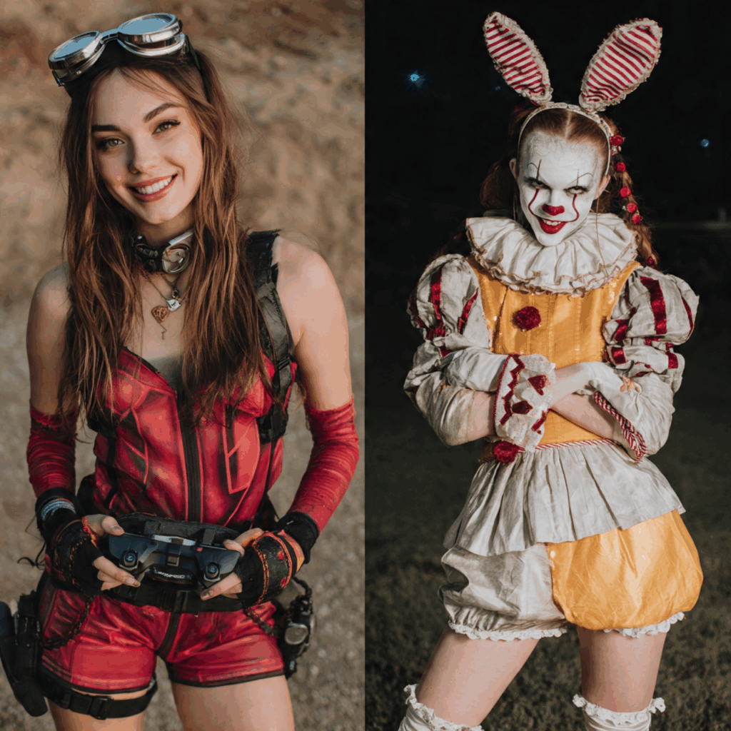 two girls wearing gaming costumes and movie costumes