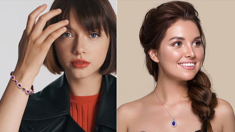 Two women wearing tanzanite jewelry