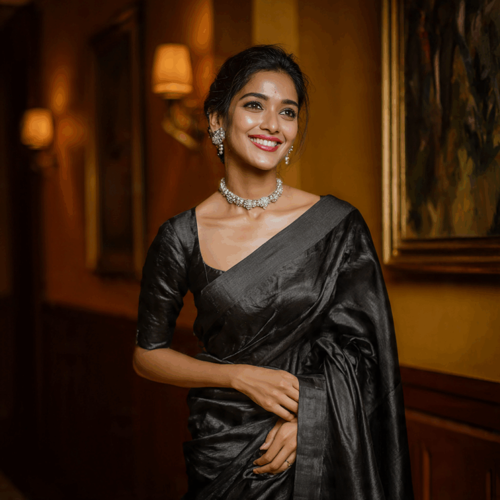 black saree Natural Silk with a Satin Banglori Blouse