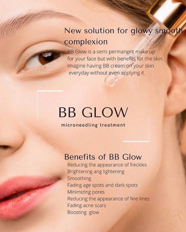 woman applying serum to face with graphic promoting BB Glow treatment