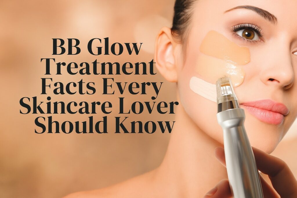 woman applying lotion to face promoting BB Glow treatment