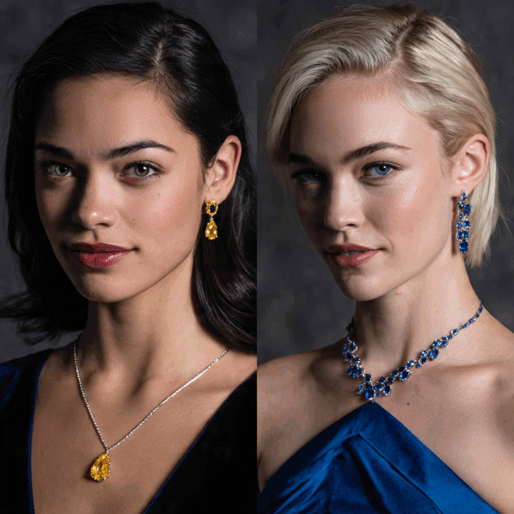 two women wearing sapphire jewelry